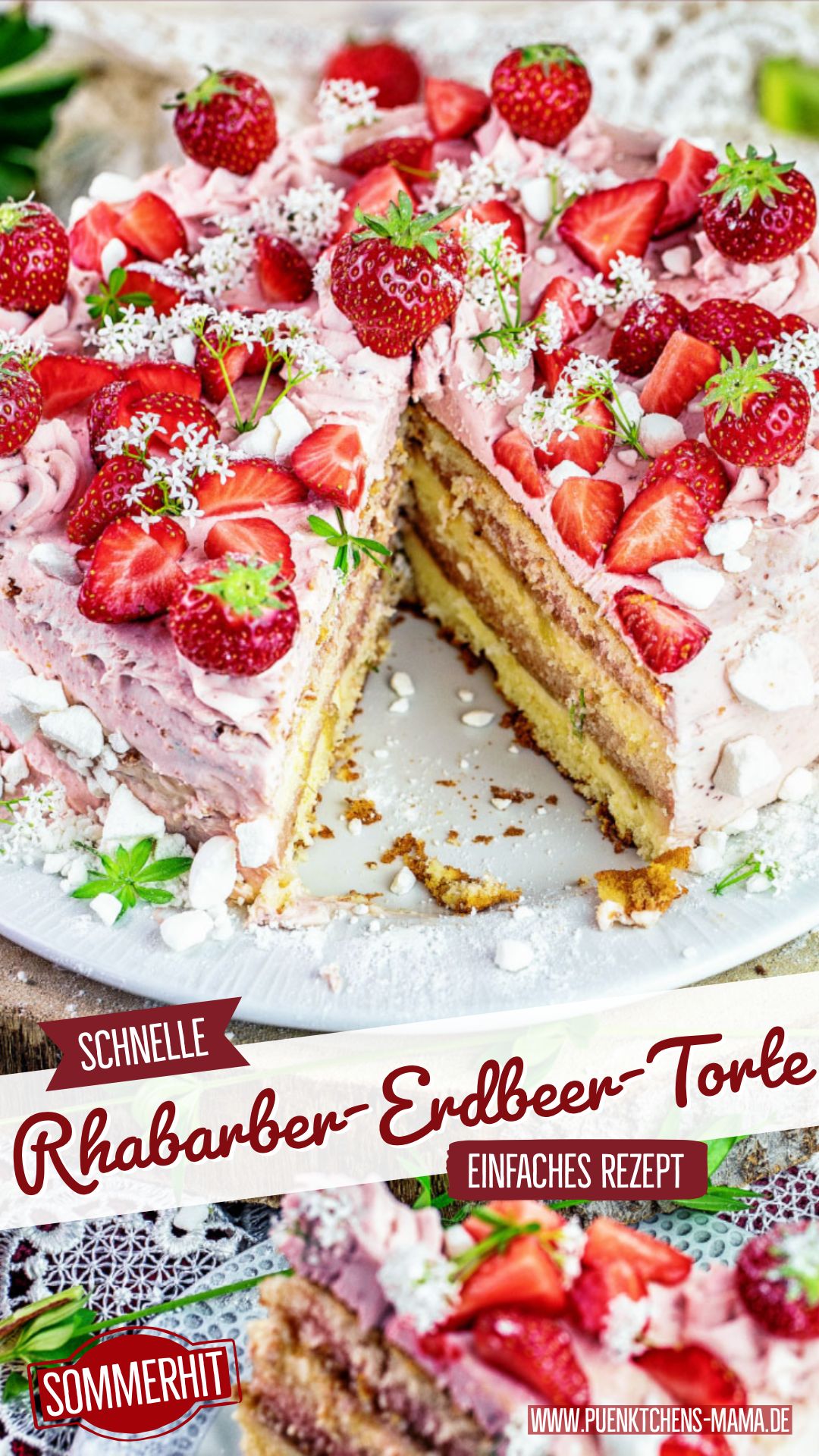 Rharbarber-Erdbeer-Pudding-Torte- einfaches Rezept mit fertigen Böden